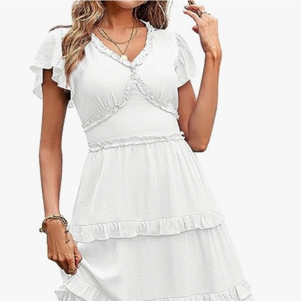 MEROKEETY Womens 2023 Summer V Neck Flutter Sleeve High Waist Ruffle Dress